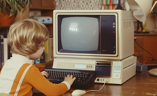 child on 1970s era old computer