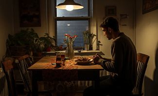 man dining alone in his apartment