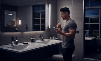man standing in modern smart home tech bathroom