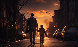 father and son walking down city street
