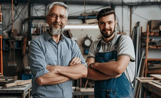 a father and son in a workshop workign together on a shared crafting hobby