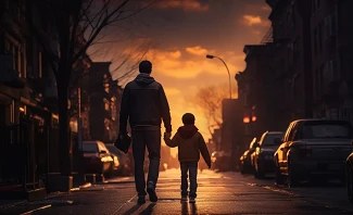 father and son walking down city street